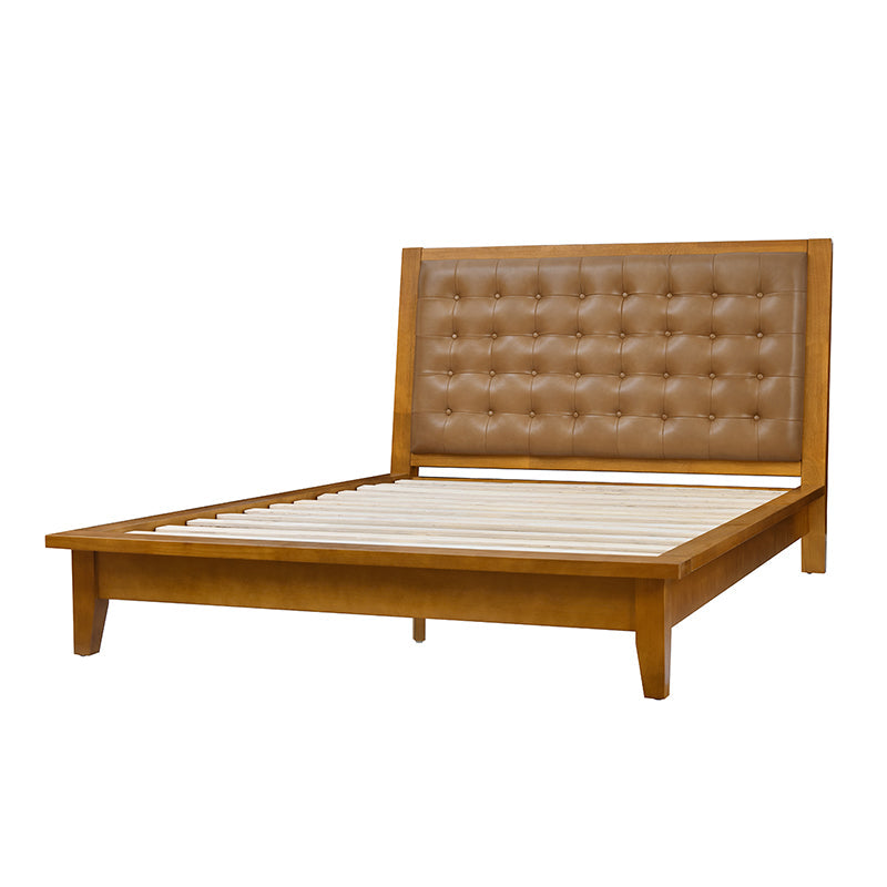 Herme Genuine Leather Solid Wood Platform Bed with Charging Ports