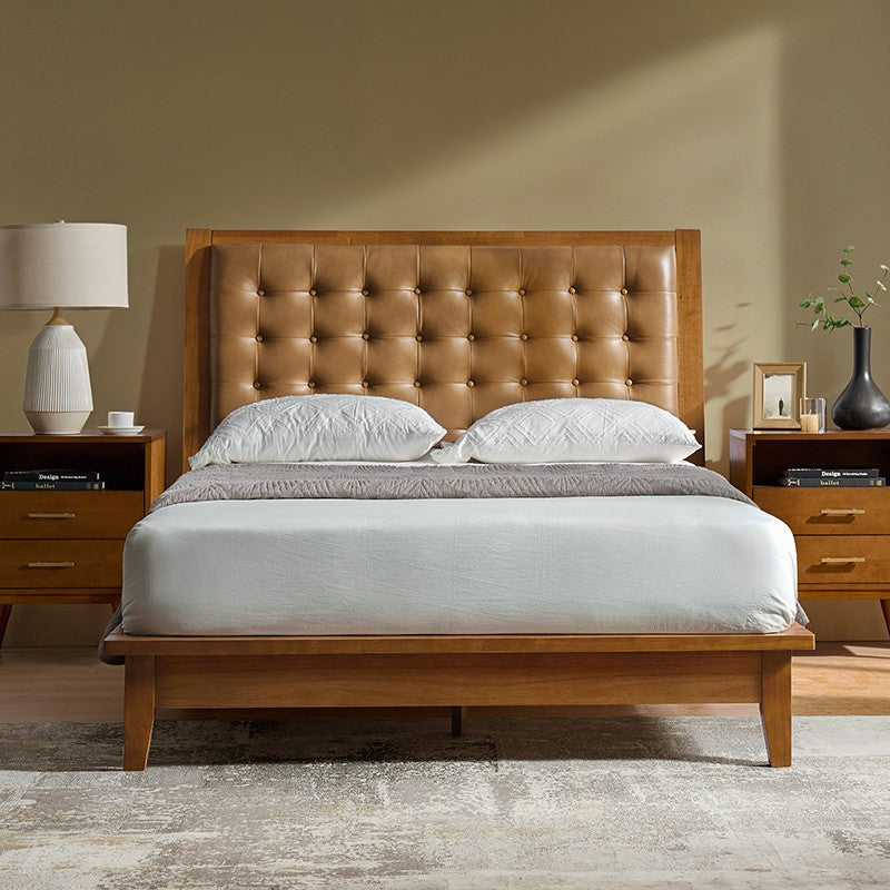 Herme Genuine Leather Solid Wood Platform Bed with Charging Ports
