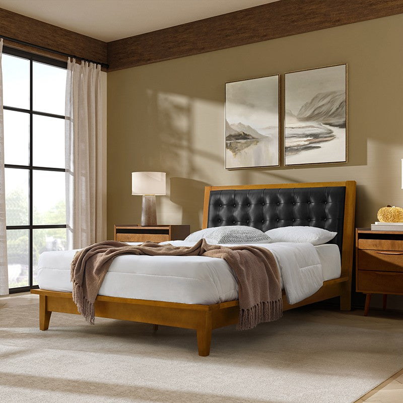 Herme Genuine Leather Solid Wood Platform Bed with Charging Ports