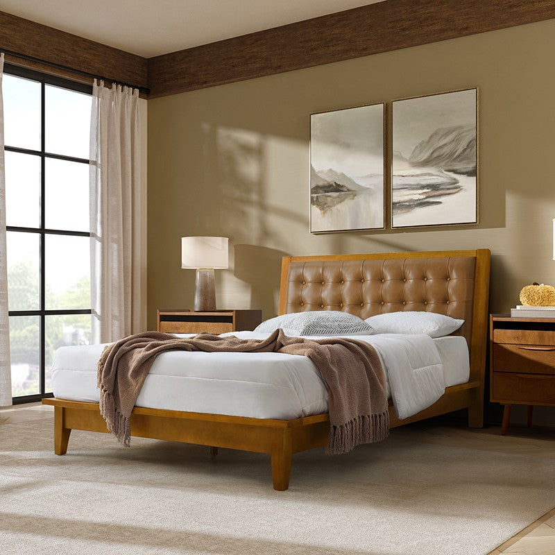 Herme Genuine Leather Solid Wood Platform Bed with Charging Ports