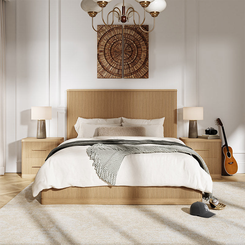Modern Solid Wood Fluted Bed with Oak Texture