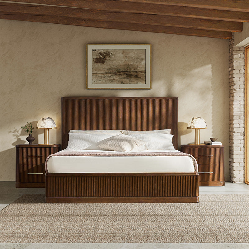 Modern Solid Wood Fluted Bed with Oak Texture