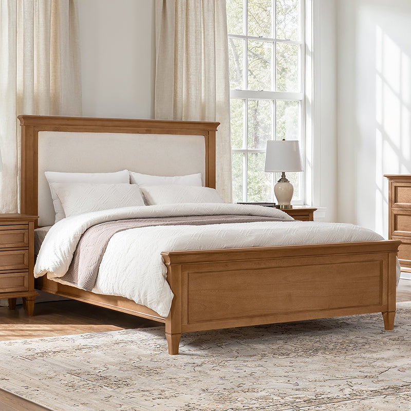 Transitional Solid Wood Bed with Upholstered Headboard