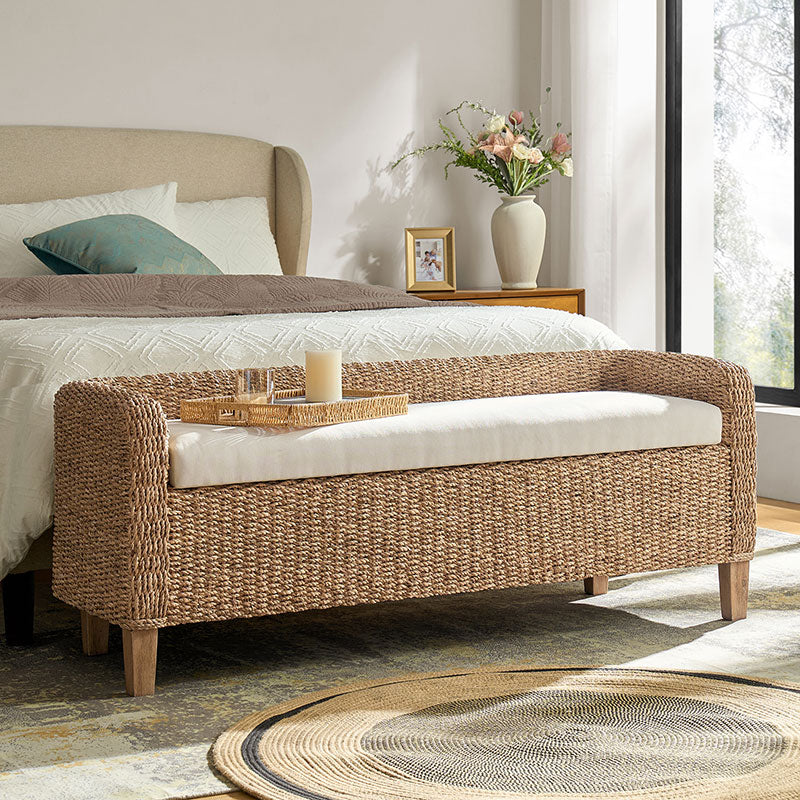 Candela Rattan Bench with Storage and Cream Cushion