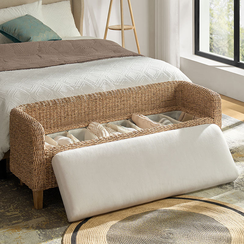 Candela Rattan Bench with Storage and Cream Cushion