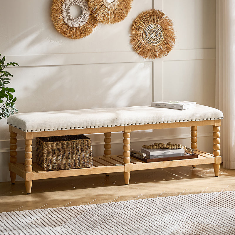 Felipa Farmhouse Rustic Wood Bench with Upholstered Seat and Storage Shelf