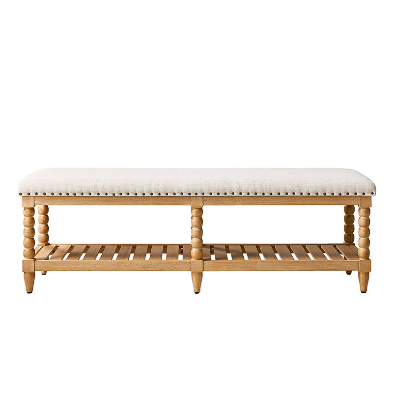 Felipa Farmhouse Rustic Wood Bench with Upholstered Seat and Storage Shelf
