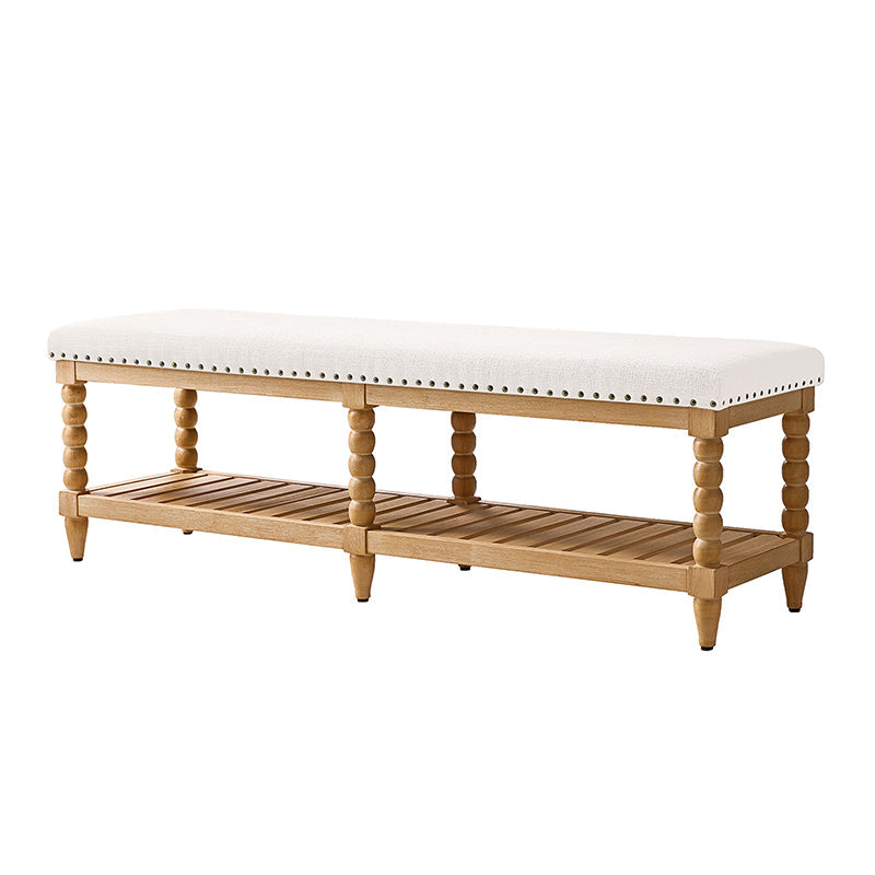 Felipa Farmhouse Rustic Wood Bench with Upholstered Seat and Storage Shelf