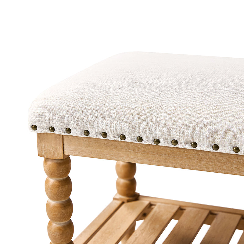 Felipa Farmhouse Rustic Wood Bench with Upholstered Seat and Storage Shelf