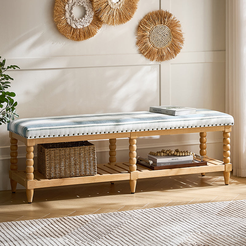 Felipa Farmhouse Rustic Wood Bench with Upholstered Seat and Storage Shelf