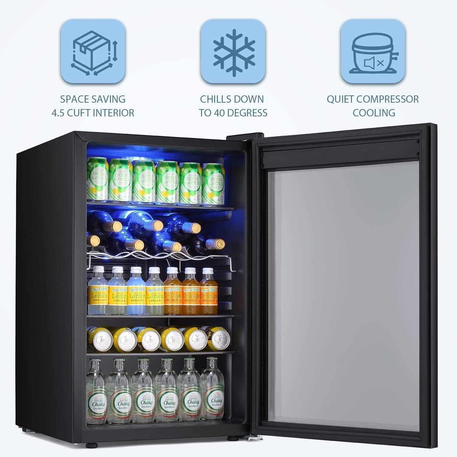 4.4cu.f Wine Cooler with LED Lights and Touch Buttons, Removable Shelves, Less Than 38dB