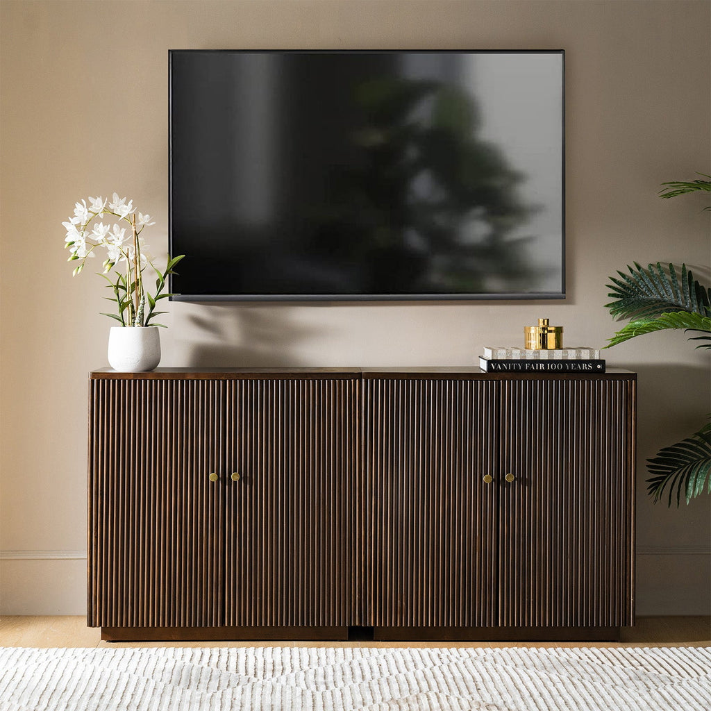 Modern Fluted Solid Wood 32 Tall 2 Door Accent Cabinet with Cable Management & Adjustable Shelf