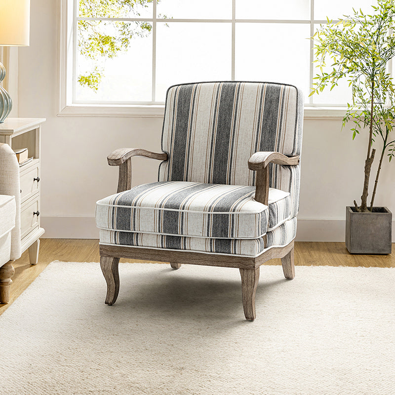 Randolph Romantic Upholstered Stripes Armchair with Solid Wood Armrests
