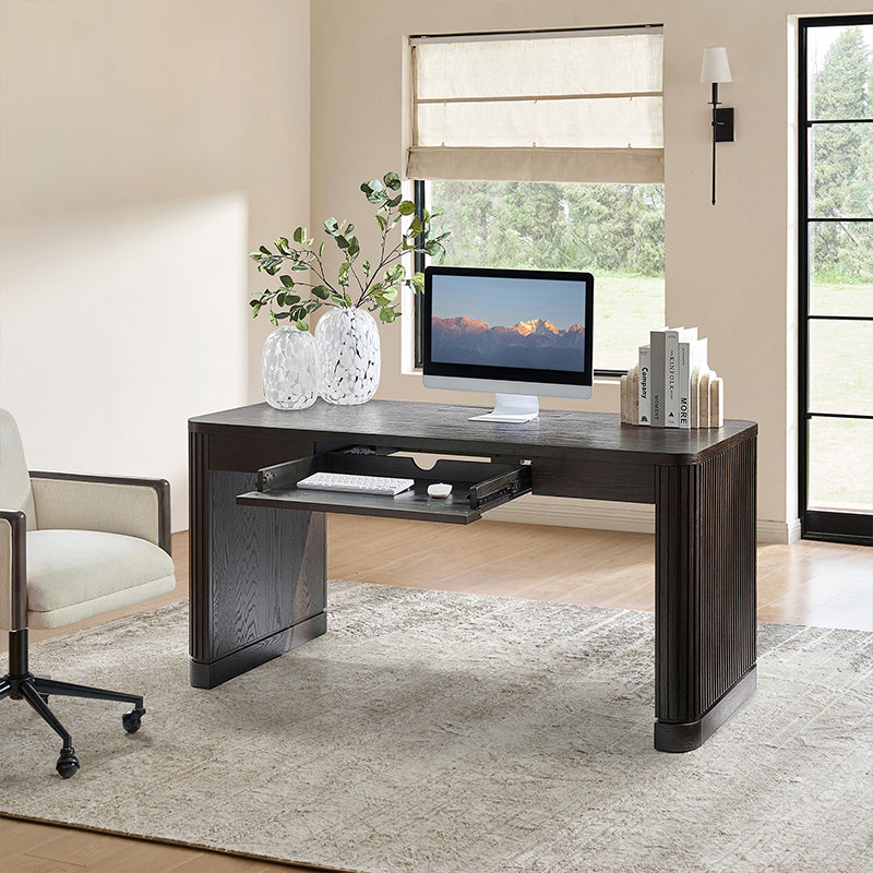 Modern Desk with Power Outlets and Fluted Wood Legs