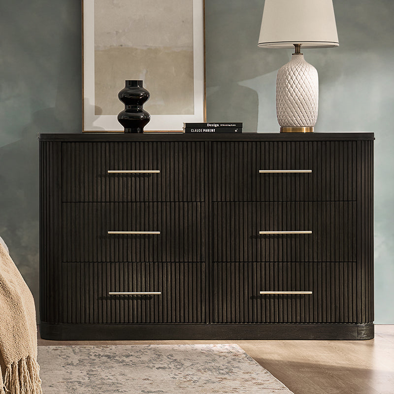 Modern Solid Wood Fluted Dresser with 6 Drawers & Oak Texture