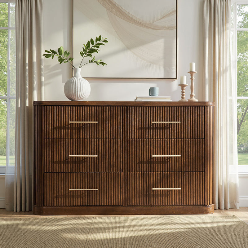 Modern Solid Wood Fluted Dresser with 6 Drawers & Oak Texture