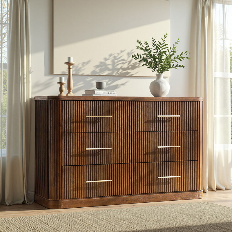 Modern Solid Wood Fluted Dresser with 6 Drawers & Oak Texture