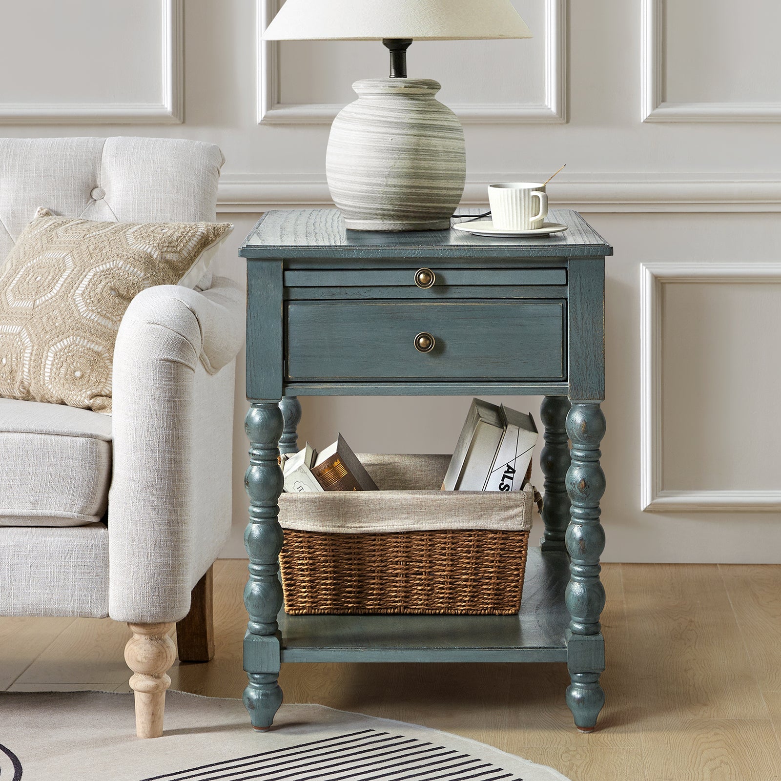 Ira 26 Tall Farmhouse Solid Wood End Table with Built-in Charging Outlets(Optional Types)