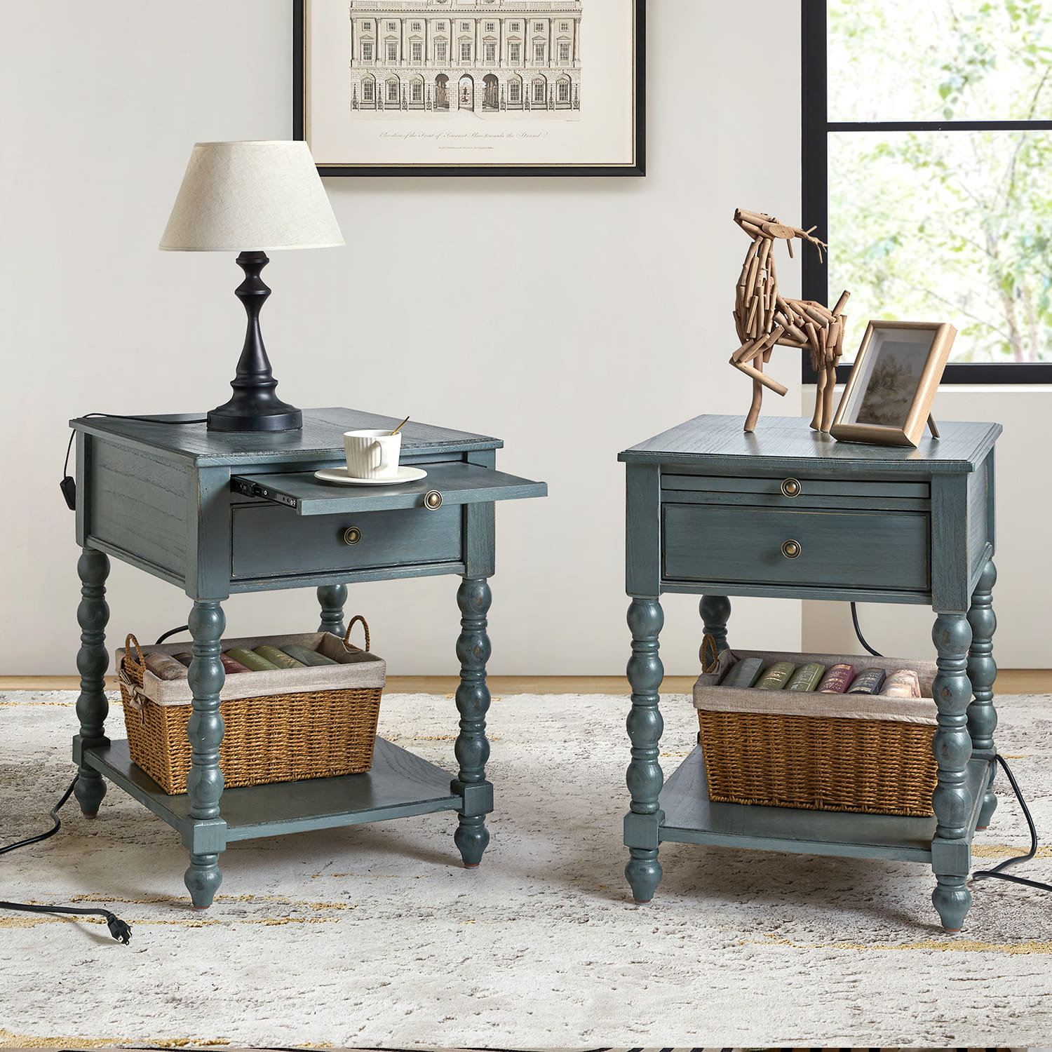 Ira 26 Tall Farmhouse Solid Wood End Table with Built-in Charging Outlets(Optional Types)