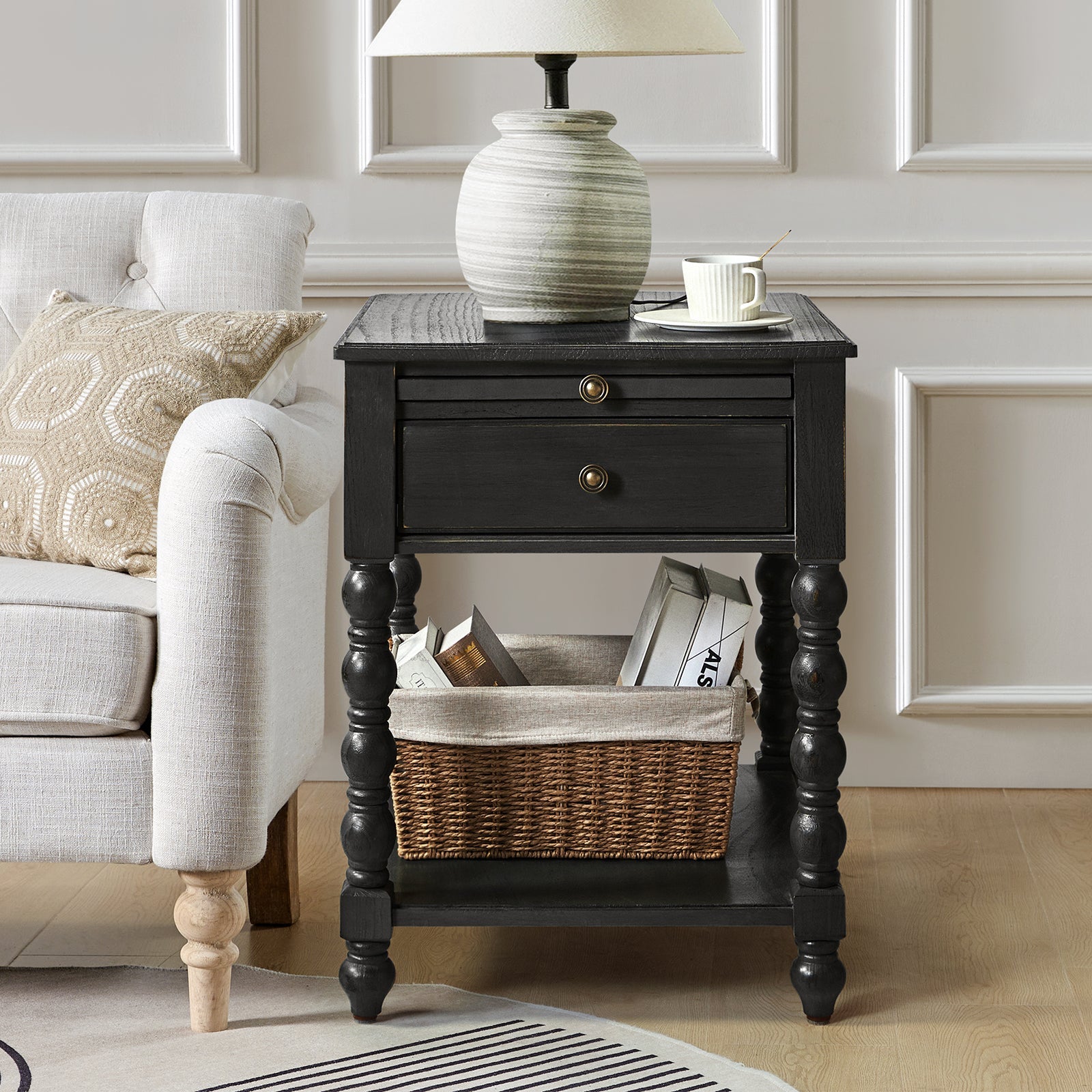 Ira 26 Tall Farmhouse Solid Wood End Table with Built-in Charging Outlets(Optional Types)