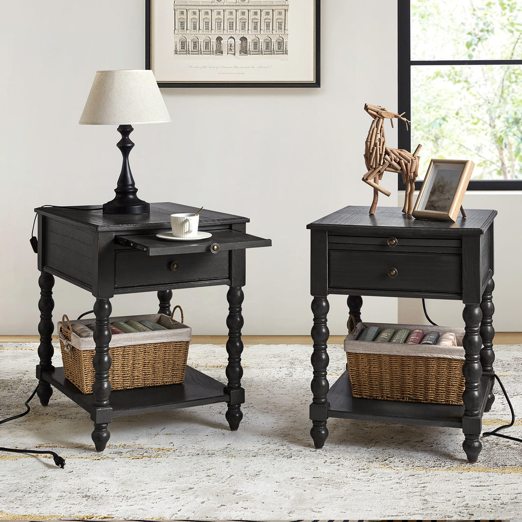 Ira 26 Tall Farmhouse Solid Wood End Table with Built-in Charging Outlets(Optional Types)