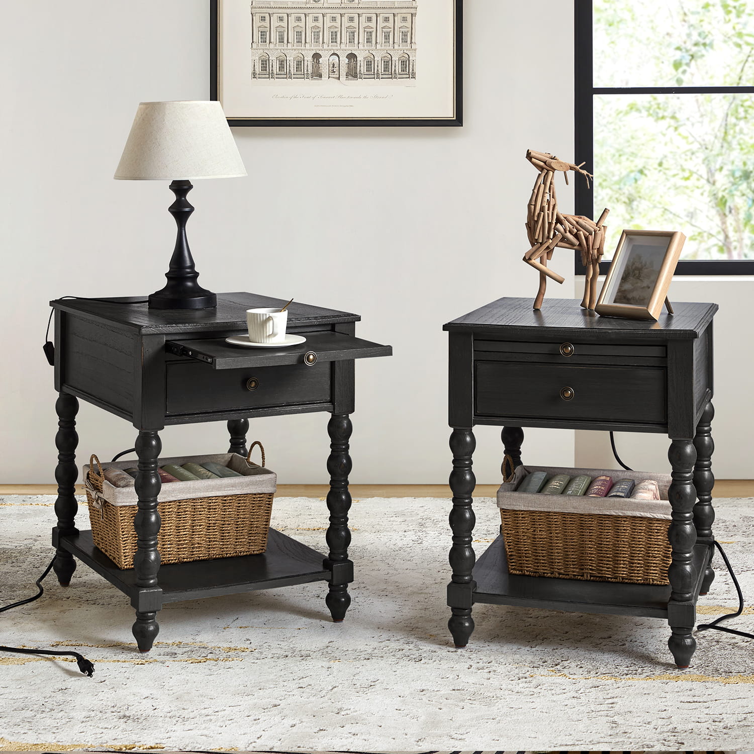 Ira 26 Tall Farmhouse Solid Wood End Table with Built-in Charging Outlets(Optional Types)