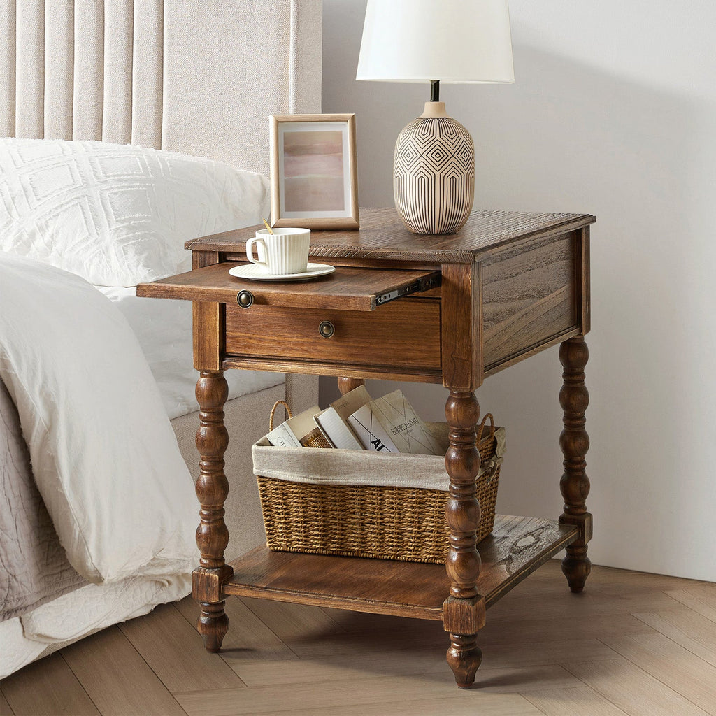 Ira 26 Tall Farmhouse Solid Wood End Table with Built-in Charging Outlets(Optional Types)