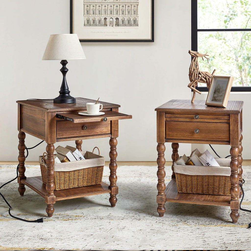 Ira 26 Tall Farmhouse Solid Wood End Table with Built-in Charging Outlets(Optional Types)
