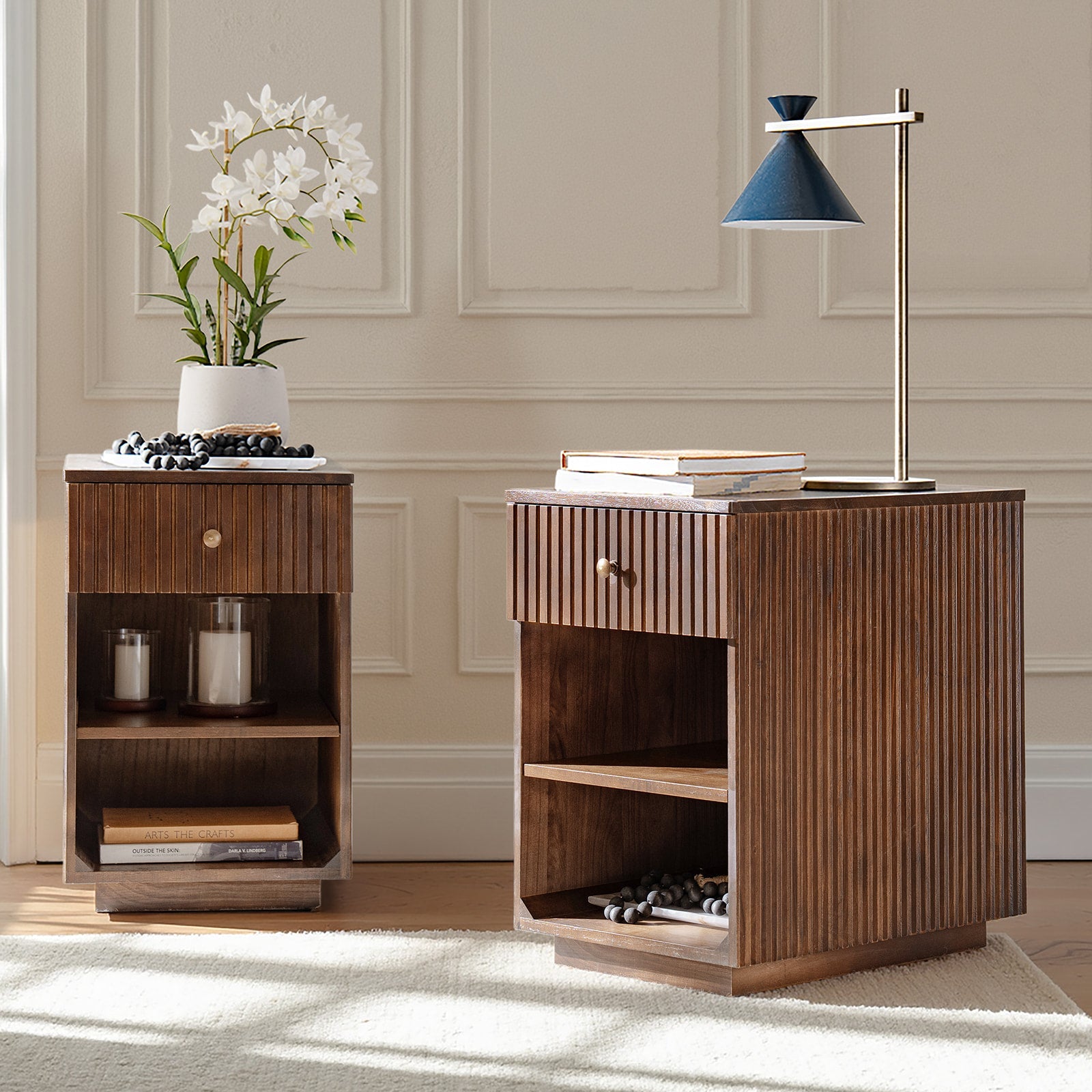 Reeded Modern End Table with Adjustable Shelf & USB Ports(Optional Types)