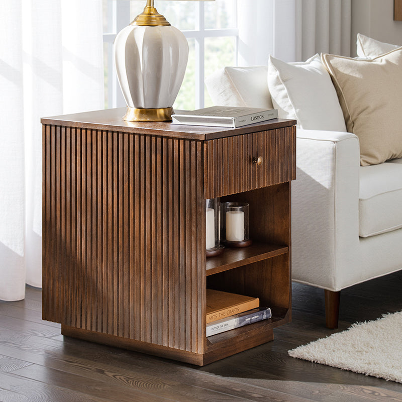 Reeded Modern End Table with Adjustable Shelf & USB Ports(Optional Types)