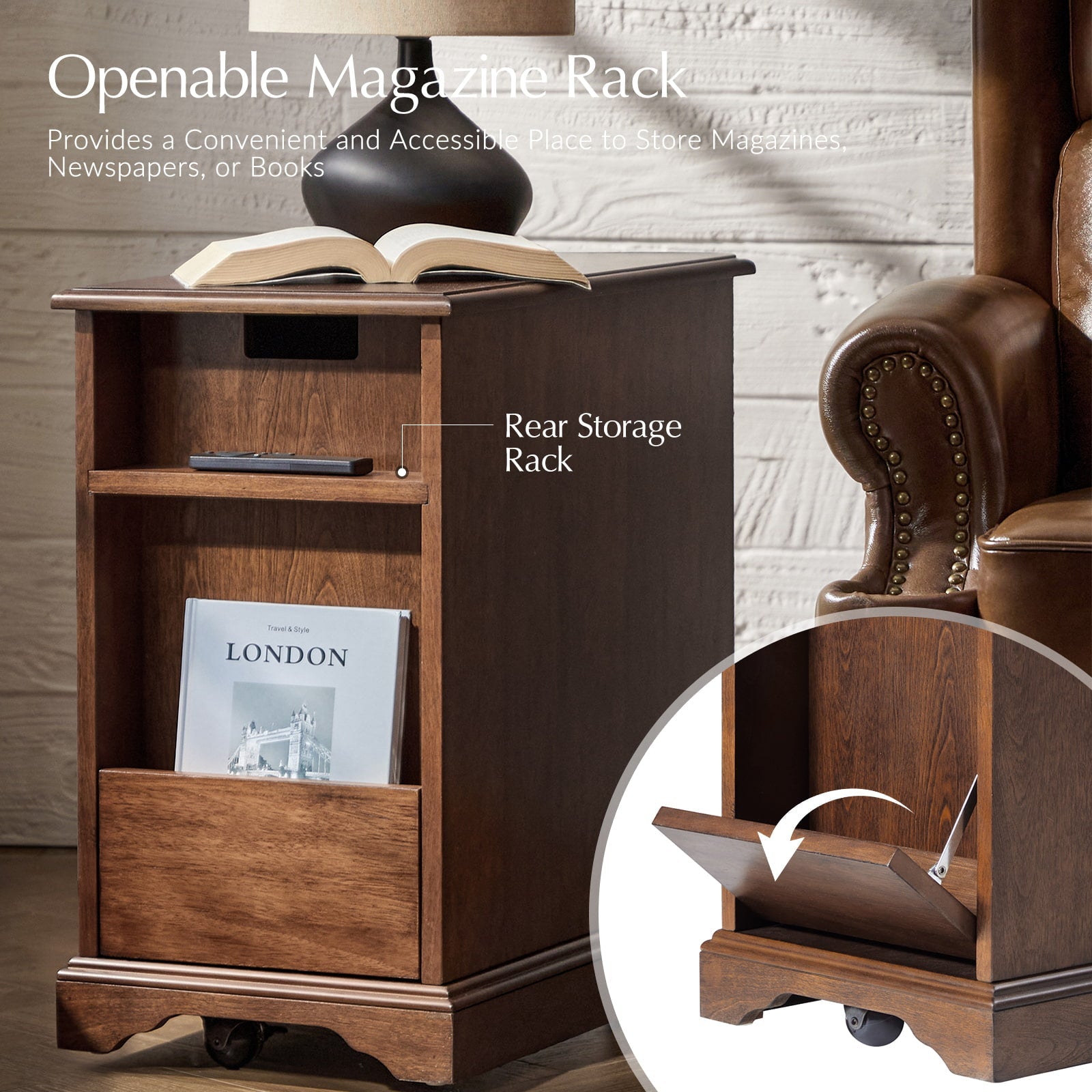 Roque Storage End Table with Hooded Wheels & Built-In Outlets(Optional Types)