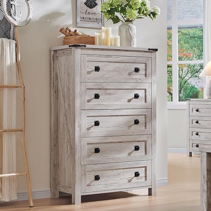 48 Tall Farmhouse 5 Drawer Wood Dresser, Chest of Drawers for Bedroom