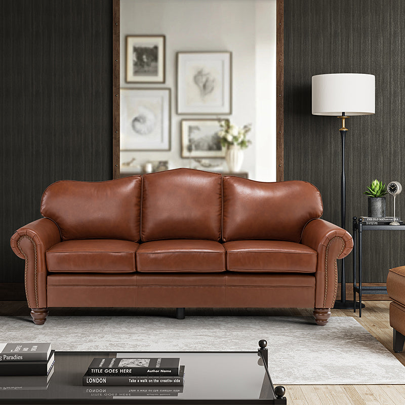 Flavio 81″ Genuine Leather Sofa – Vintage Glam Mid-Century Design