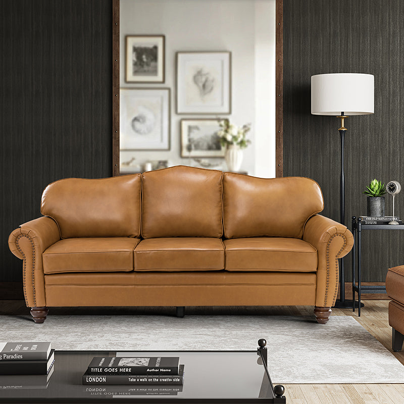 Flavio 81″ Genuine Leather Sofa – Vintage Glam Mid-Century Design