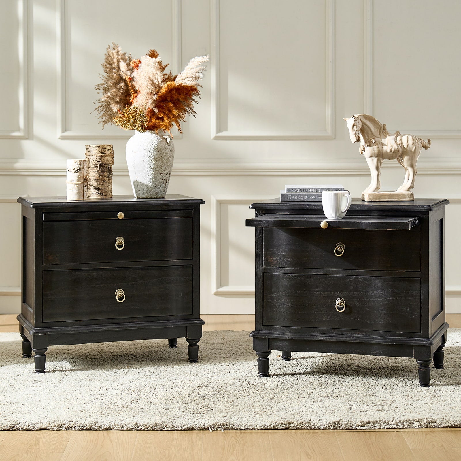 Solid Wood 2 Drawer Nightstand with Charging Ports & Pull-Out Shelf(Optional Types)