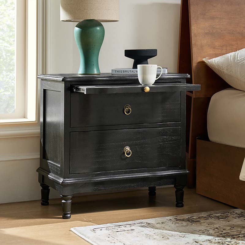 Solid Wood 2 Drawer Nightstand with Charging Ports & Pull-Out Shelf(Optional Types)