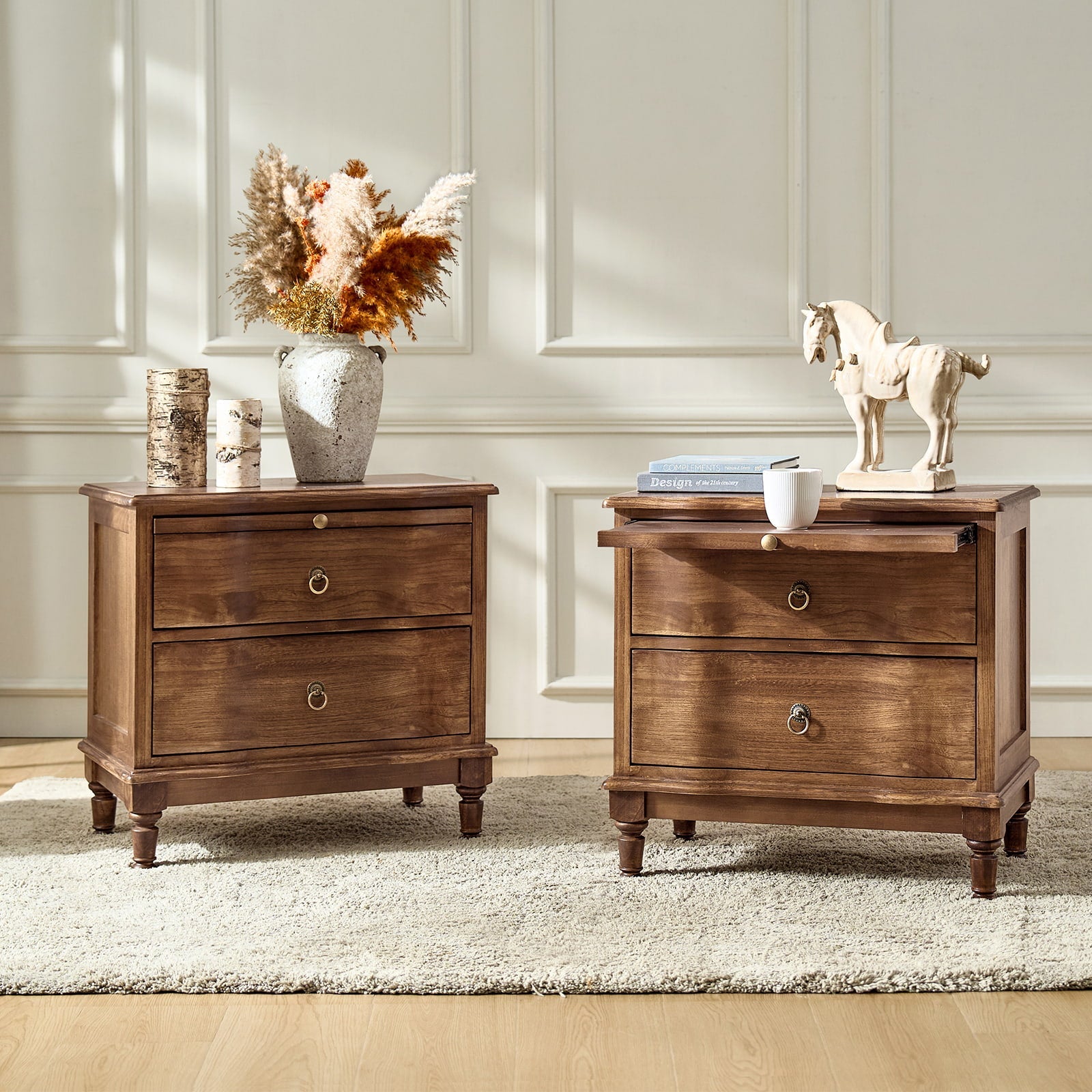 Solid Wood 2 Drawer Nightstand with Charging Ports & Pull-Out Shelf(Optional Types)