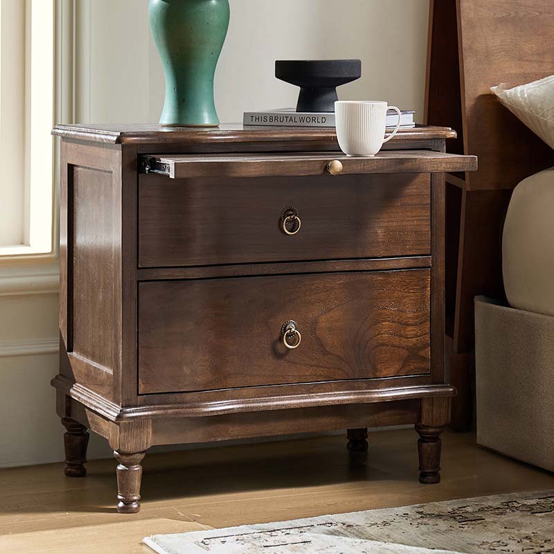 Solid Wood 2 Drawer Nightstand with Charging Ports & Pull-Out Shelf(Optional Types)