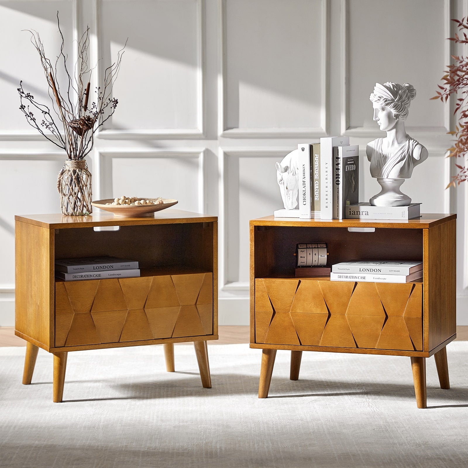 Rosalba Open Shelf Nightstand with Cable Management & Hidden Drawer(Optional Types)