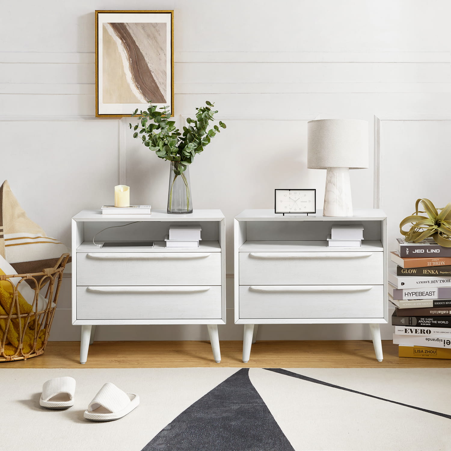 Lilian 2 - Drawer Mid Century Nightstand with Built-in Outlets(Optional Types)