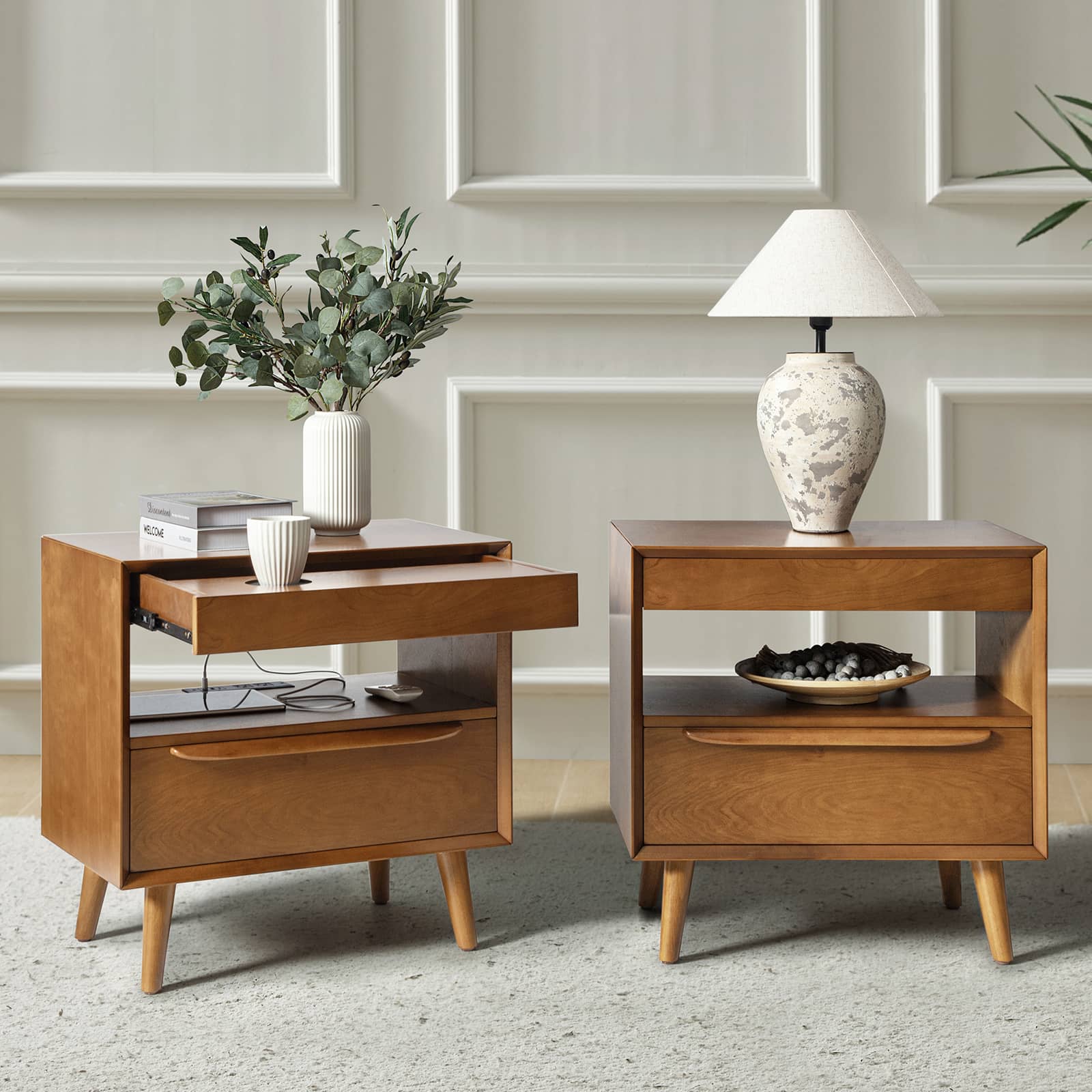 Giralda 2-Drawer Mid-century Modern Nightstand with Built-In Outlets(Optional Types)