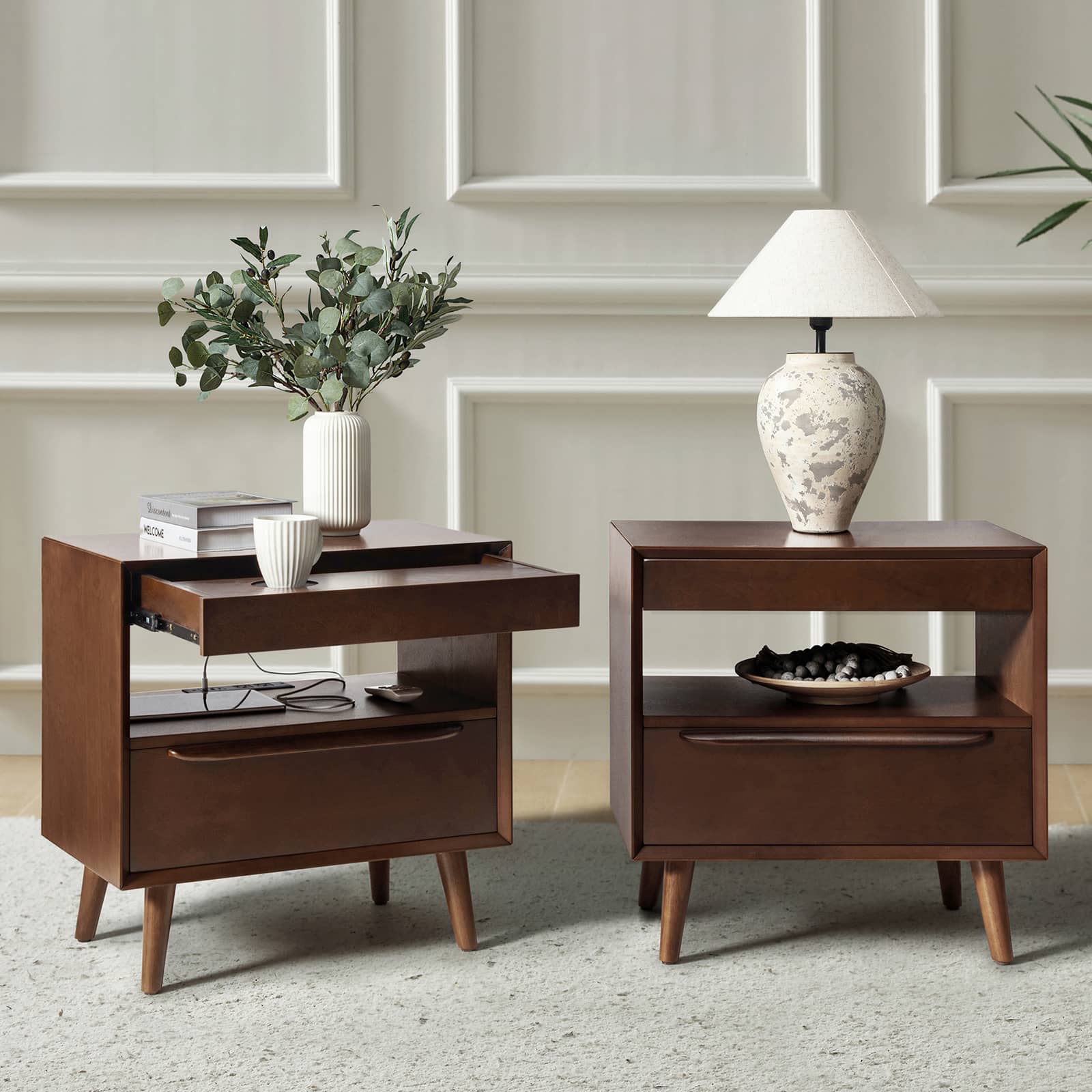 Giralda 2-Drawer Mid-century Modern Nightstand with Built-In Outlets(Optional Types)