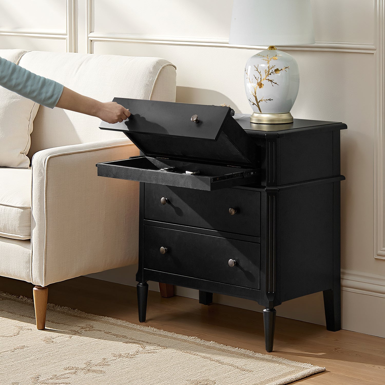 Griselda Transitional 3-Drawer Nightstand with Hidden Compartment, Pull-Out Tray & Power Outlet  Solid Wood Elegance