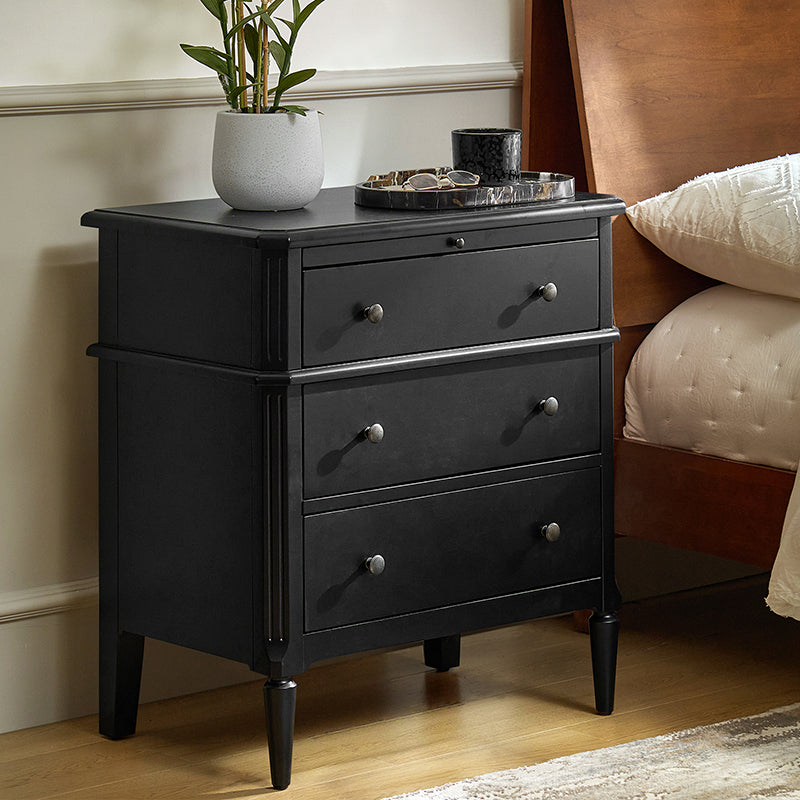 Griselda Transitional 3-Drawer Nightstand with Hidden Compartment, Pull-Out Tray & Power Outlet  Solid Wood Elegance