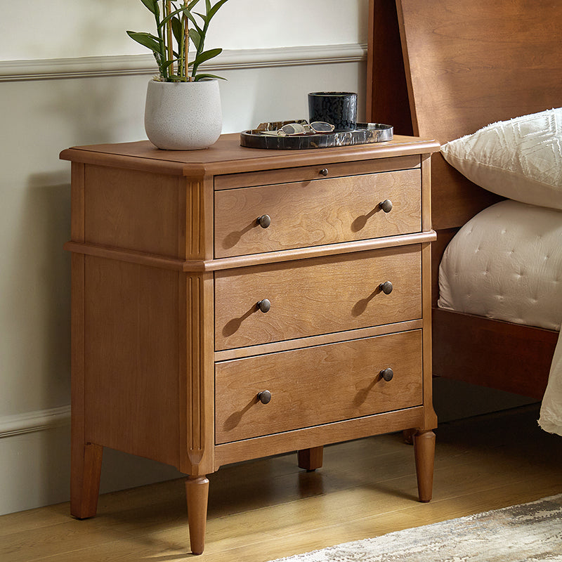 Griselda Transitional 3-Drawer Nightstand with Hidden Compartment, Pull-Out Tray & Power Outlet  Solid Wood Elegance