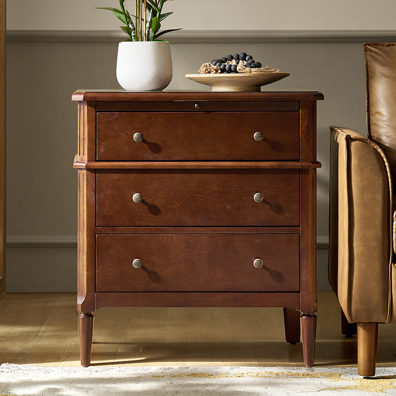 Griselda Transitional 3-Drawer Nightstand with Hidden Compartment, Pull-Out Tray & Power Outlet  Solid Wood Elegance