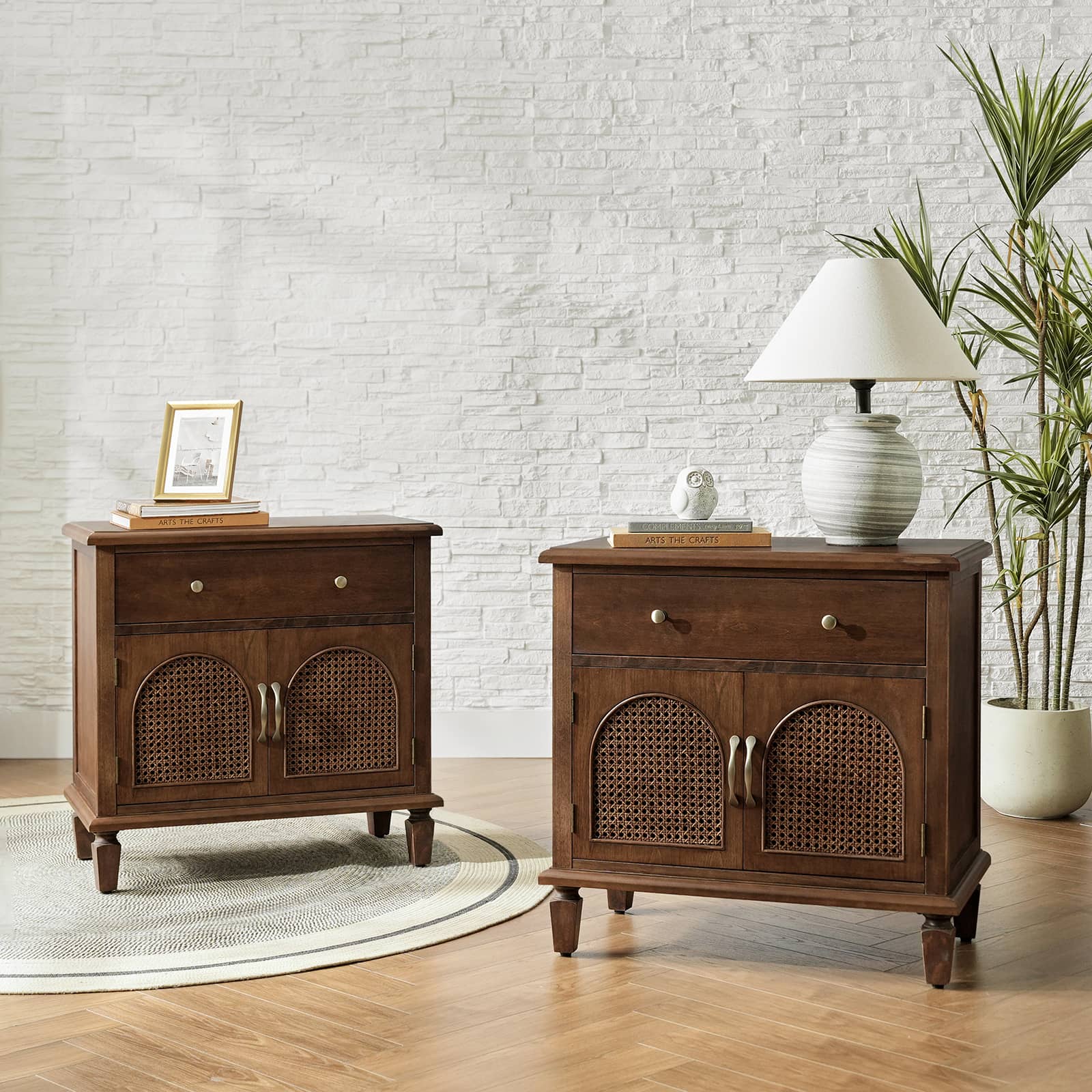 Camilo 27 Tall Arched Faux Rattan Nightstand With Built-In Outlets(Optional Types)