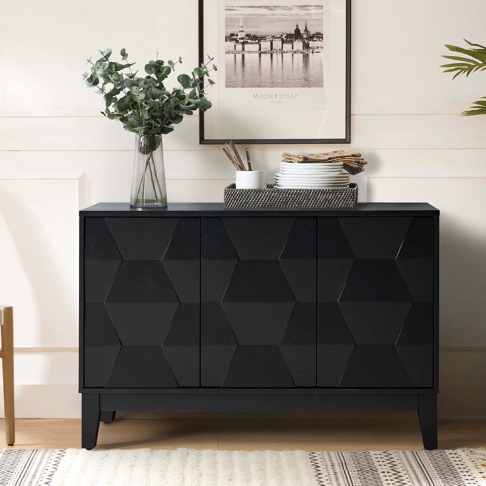 Kamu 45″ Wide 3-Door Sideboard – Modern Minimalist Storage Cabinet