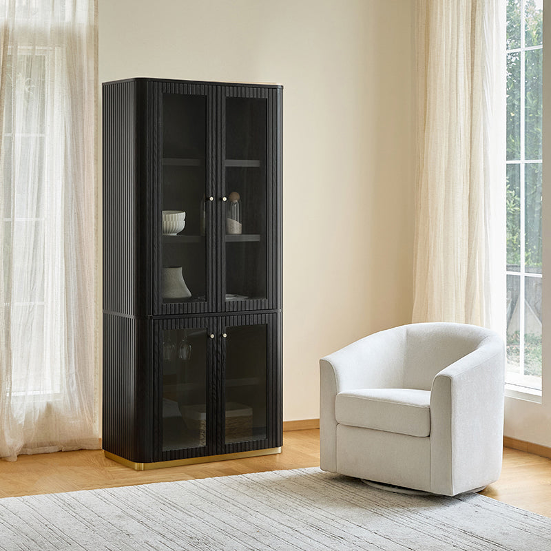 Estrella Modern Gold Frame Glass Display Cabinet with Wine Glass Rack-Bookcase and Bar Storage