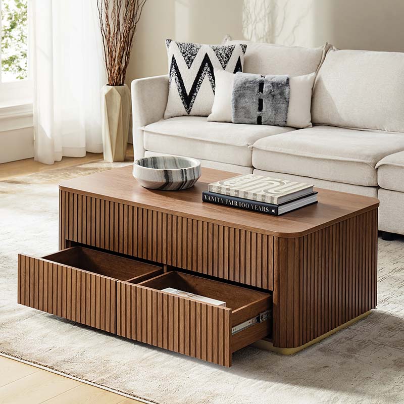 Multifunctional Slatted Design Lift-Top Coffee Table with Hidden Storage and Drawers